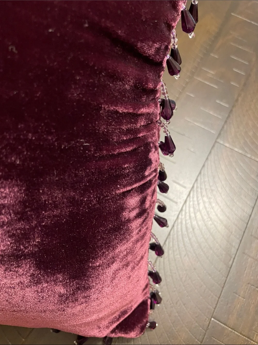 Plum Velvet Decorative Throw Pillow with Beaded Trim